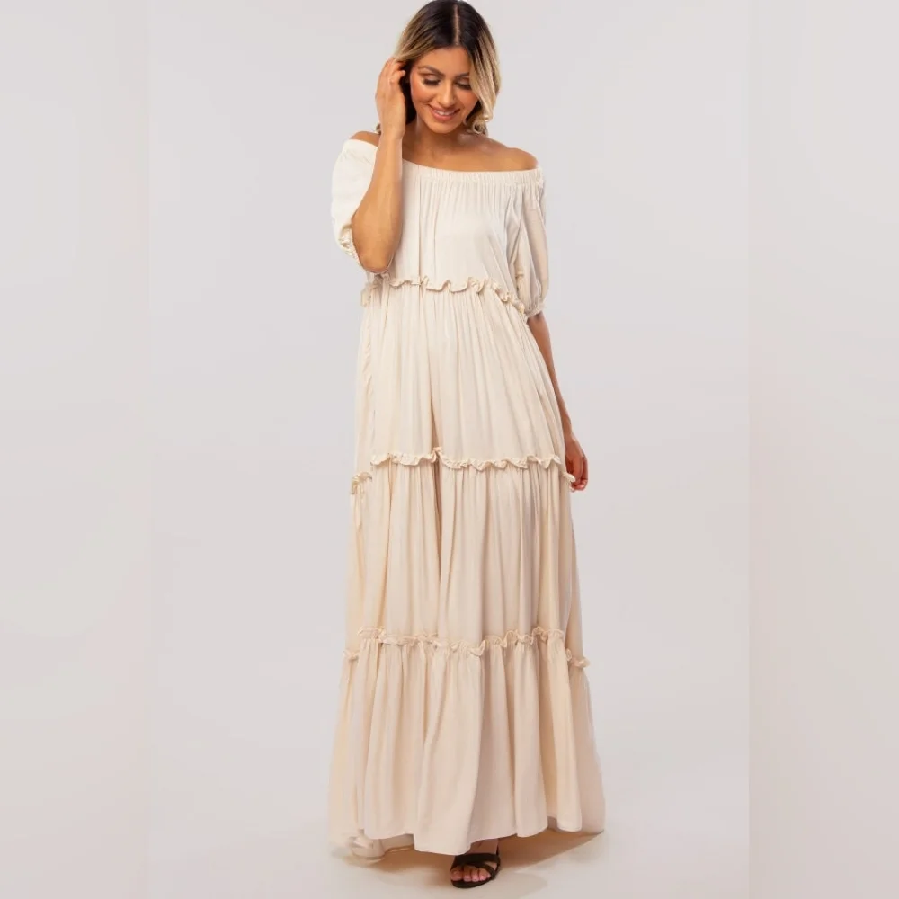 Pinkblush Cream Off-Shoulder Ruffle Tiered Maternity Maxi Dress